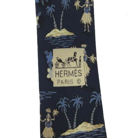 HERMES ネクタイ 7554 SA シルク ハワイ ヤシ フラダンス 紺 HERMES（エルメス） ネクタイ 7554 SA シルク ハワイ ハイビスカス