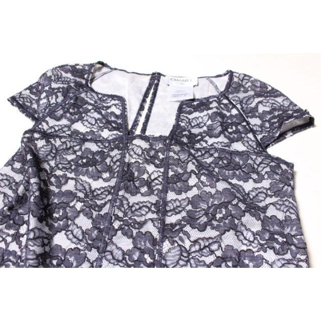CHANEL シャネル 14C ブラウス フラワーレース 半袖 コットン 36 紺 