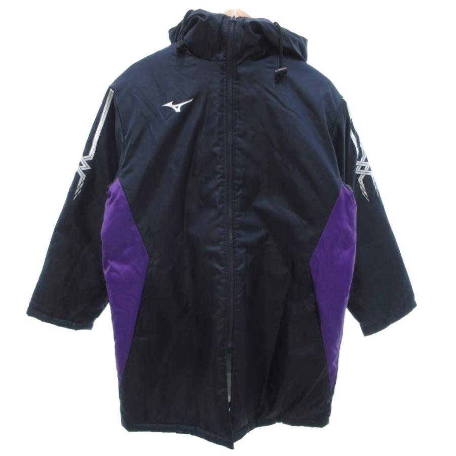 ミズノ MIZUNO ベンチコート 中綿 ロゴプリント フード ひざ丈 M 紺 