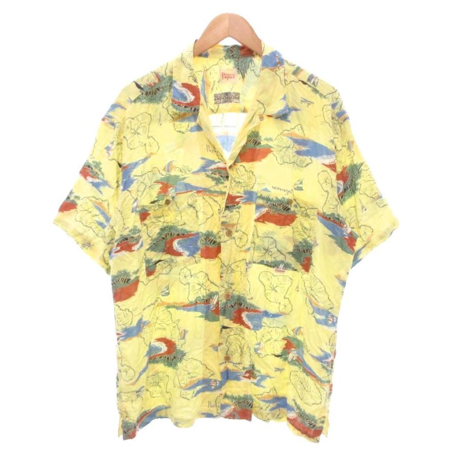パパス Papas 美品 アロハ シャツ L 黄色 イエロー マップ柄 開襟 半袖