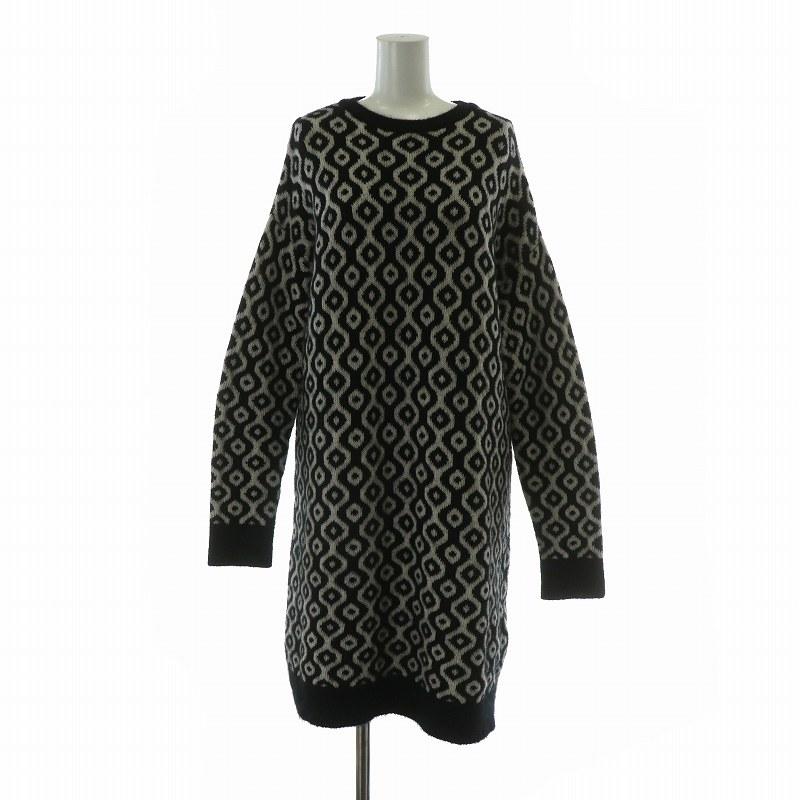 【中古】'S Max Mara ニットワンピース ウール モヘヤ混 カシミヤ混 長袖 ロング クルーネック 総柄 S 黒 白 S MAXMARA（エスマックスマーラ） Sマックスマーラ 'S Max Mara ニット