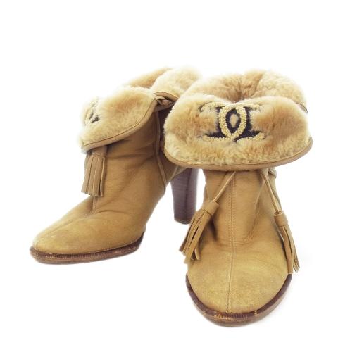 【美品】シャネル ブーティ ショートブーツ ムートン レザー ブラウン系 37 CHANEL シャネル ムートン レザー ショートブーツ ブーティ ココ