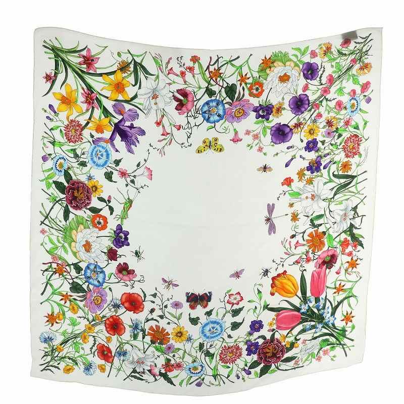 GUCCI シルクスカーフ チェーンデザイン GUCCI グッチ スカーフ 絹 シルク 大判 花柄 総柄 ロゴ 白