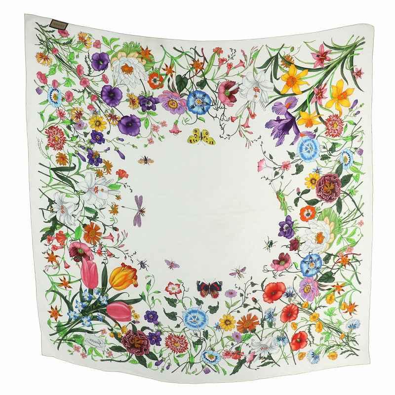 GUCCI Accessory Collection シルク大判スカーフ　花柄 GUCCI グッチ スカーフ 絹 シルク 大判 花柄 総柄 ロゴ 白