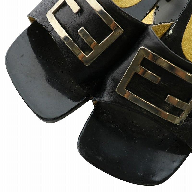 【中古】FENDI マンマ ミュール サンダル エナメル レザー スクエアトゥ チャンキーヒール スタッズ ロゴ 36 23cm 黒 FENDI（フェンディ） マンマ ミュール サンダル エナメル レザー