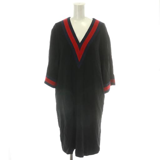 【中古】グッチ GUCCI ワンピース ロング 半袖 Ｖネック シェリーライン イタリア製 42 L 黒 ブラック 赤 GUCCI（グッチ） ワンピース ロング 半袖 Vネック シェリーライン