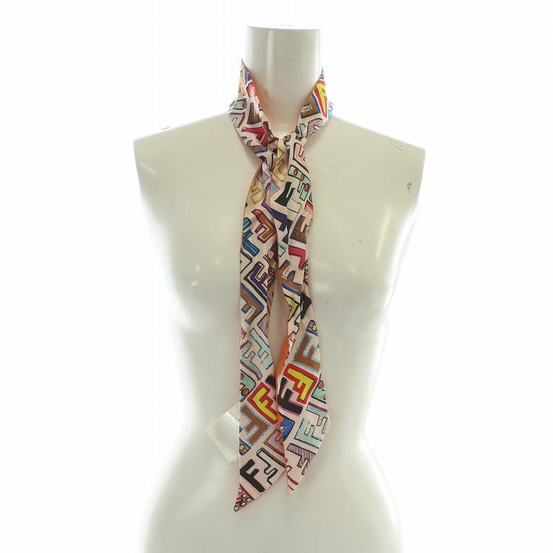 【中古】フェンディ FENDI ラッピー スカーフ スキニー 絹 シルク ズッカ柄 総柄 ロゴ マルチカラー オレンジ FENDI（フェンディ） ラッピー スカーフ スキニー 絹 シルク ズッカ柄