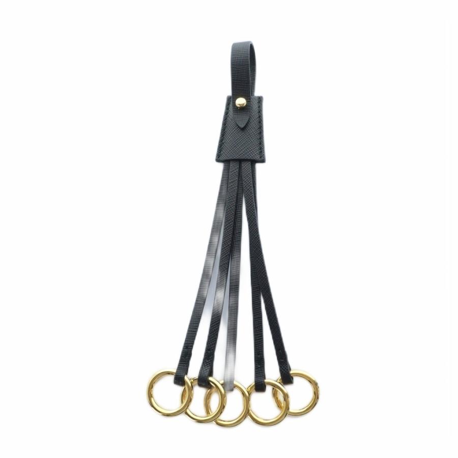 【中古】プラダ PRADA バッグチャーム 5連 ストラップ キーリング レザー ゴールド金具 黒 ブラック ■GY19 /MQ PRADA（プラダ） バッグチャーム 5連 ストラップ キーリング レザー