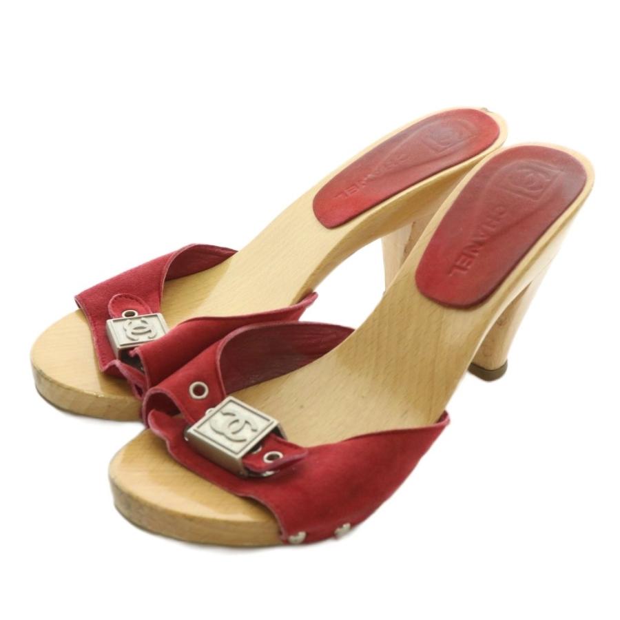 【中古】シャネル CHANEL ミュール スエード オープントゥ ウッドソール ココマーク 36 23cm 赤 レッド ベージュ CHANEL（シャネル） ミュール スエード オープントゥ ウッドソール