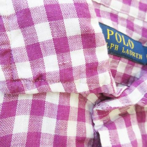【美品】ポロラルフローレン リネンシャツ ポニー刺繍 紺×白ギンガムチェック POLO ラルフローレンギンガムチェック シャツ送料無料 長袖 カジュアル