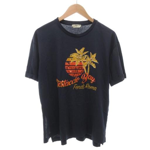 【中古】フェンディ FENDI Tシャツ カットソー スパンコール ビジュー プリント 半袖 M 紺 ネイビー FS7011A3BN /AE FENDI（フェンディ） FENDI Tシャツ カットソー スパンコール ビジュー