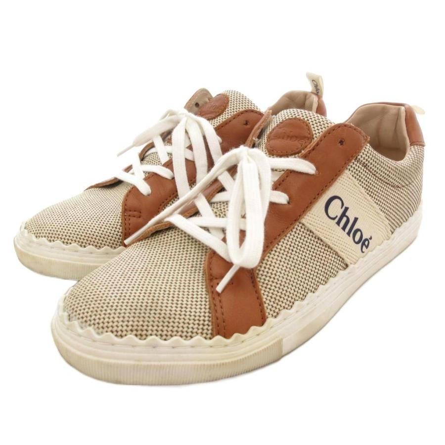 【中古】クロエ CHLOE lauren スニーカー 35 22cm シューズ ローカット ロゴ バイカラー ベージュ 茶 ブラウン /AE Chloe（クロエ） CHLOE lauren スニーカー 35 22cm シューズ