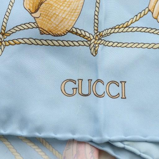 GUCCI（グッチ） 大判スカーフ ストール シェル柄 ロゴ 絹 シルク 青