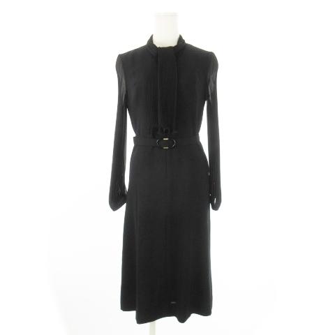 【中古】東京ソワール ソワールペルル SOIR PERLE ワンピース ロング ボウタイ 長袖 切替 プリーツ ベルト付き 7 黒 東京ソワール ソワールペルル SOIR PERLE ワンピース ロング ボウタイ