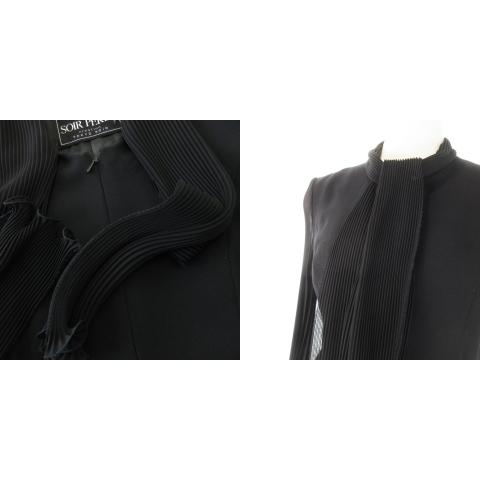 【中古】東京ソワール ソワールペルル SOIR PERLE ワンピース ロング ボウタイ 長袖 切替 プリーツ ベルト付き 7 黒 東京ソワール ソワールペルル SOIR PERLE ワンピース ロング ボウタイ