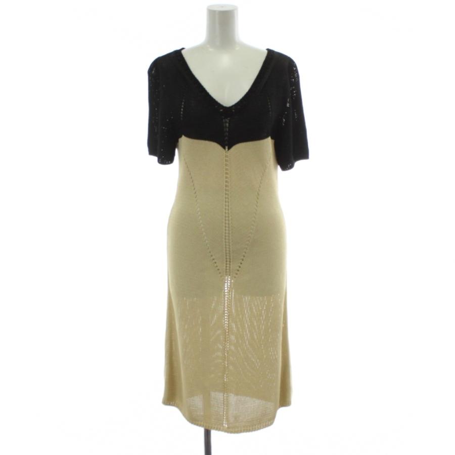 【中古】セリーヌ CELINE ワンピース 半袖 36 ベージュ 黒 ブラック バイカラー ひざ丈 Vネック /PP ■GY19 CELINE（セリーヌ） ワンピース 半袖 36 ベージュ 黒 ブラック バイ