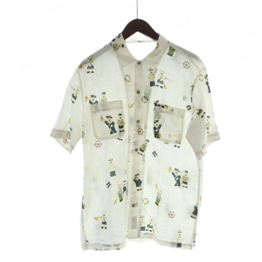 【中古】パパス Papas アロハシャツ ステンカラー 半袖 麻 リネン ロゴ くま 総柄 48 M 白 ホワイト ■GY19 /MQ パパス Papas アロハシャツ ステンカラー 半袖 麻 リネン ロゴ くま 総