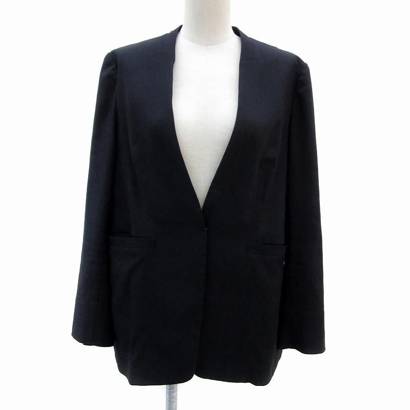 23区 ネイビー ノーカラージャケット 46 日本製　オンワード樫山　大きめ セットアップ対応】シャインツイードストレッチ ノーカラー ジャケット