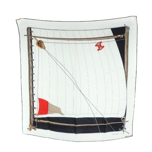 CELINE（セリーヌ） 大判スカーフ ストール 絹 シルク ロゴ 総柄 白