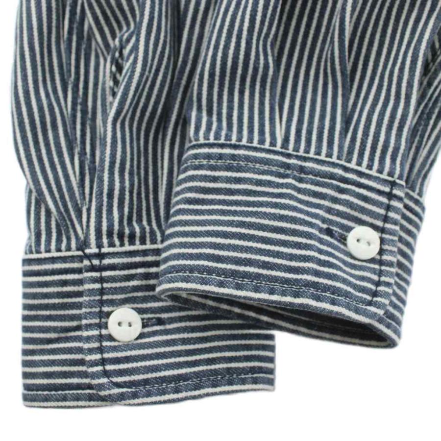 【中古】ステューシー STUSSY ヒッコリーシャツ 長袖 ストライプ S ネイビー 紺色 ホワイト 白 刺繍 バックデザイン STUSSY（ステューシー） ヒッコリーシャツ 長袖 ストライプ S ネイビー