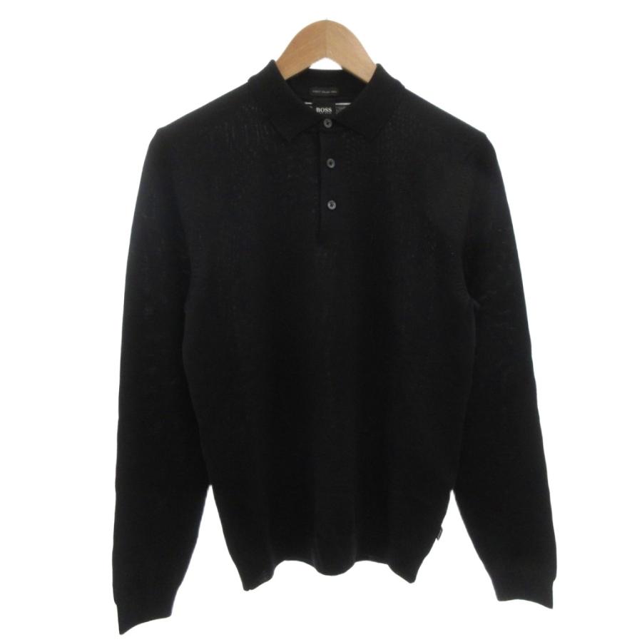 ヒューゴボス HUGO BOSS ニットポロシャツ ウール 長袖 S 黒 ブラック