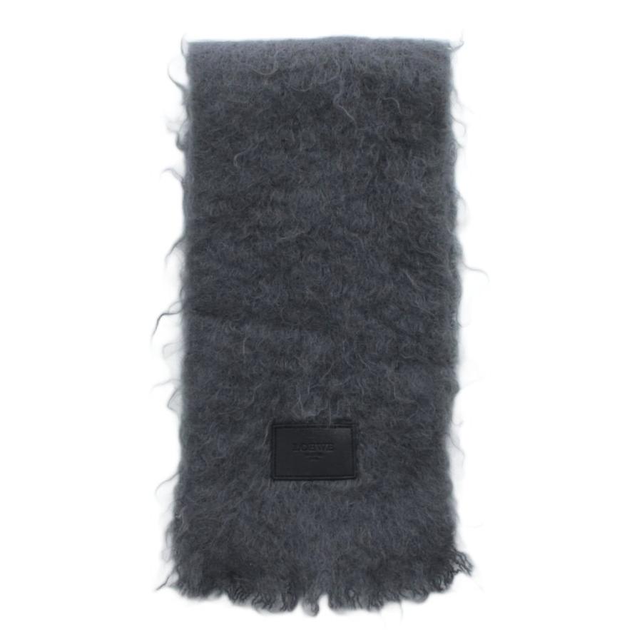 【LOEWE 】グレー マフラー フリンジ付き LOEWE（ロエベ） マフラー ストール モヘヤ ウール フリンジ レザー