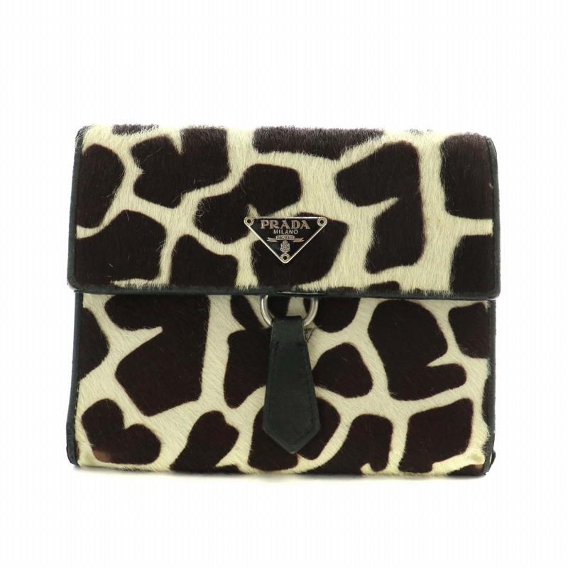 プラダ PRADA 財布 三つ折りハラコ アニマル柄 ロゴ 三角プレート 茶色  
