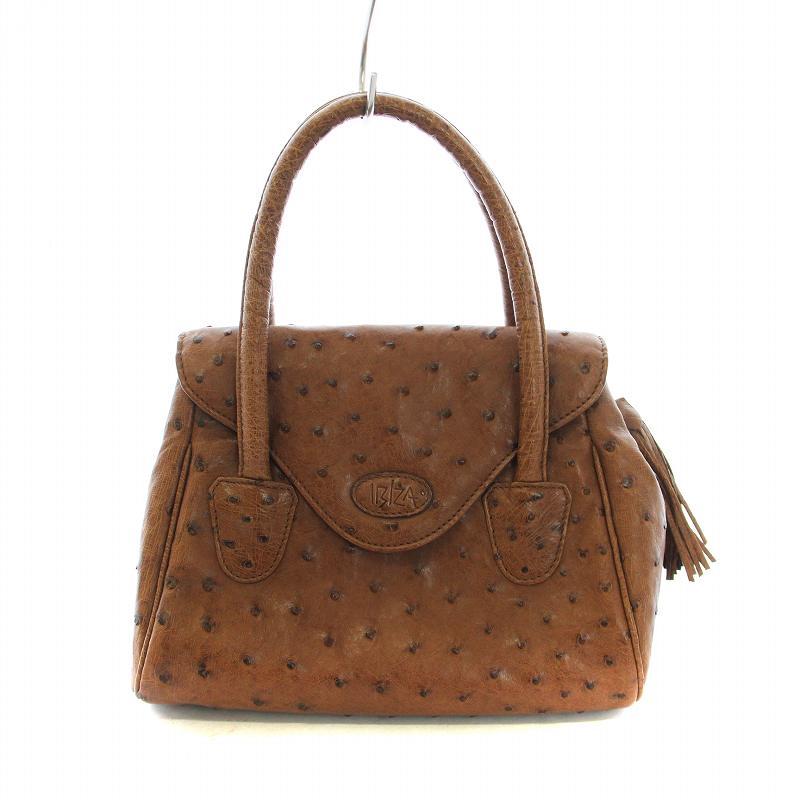 イビサ IBIZA ハンドバッグ オーストリッチ レザー ロゴ タッセル 茶  