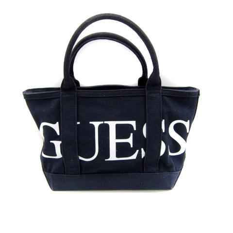 ゲス GUESS トートバッグ ハンドバッグ キャンバス ロゴプリント 紺 