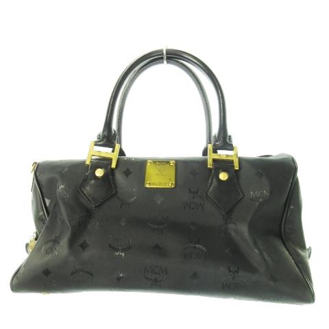 MCM ブラックレザー ハンドバッグ MCM ハンドバッグ レザー ロゴプレート 金具 ブラック 黒