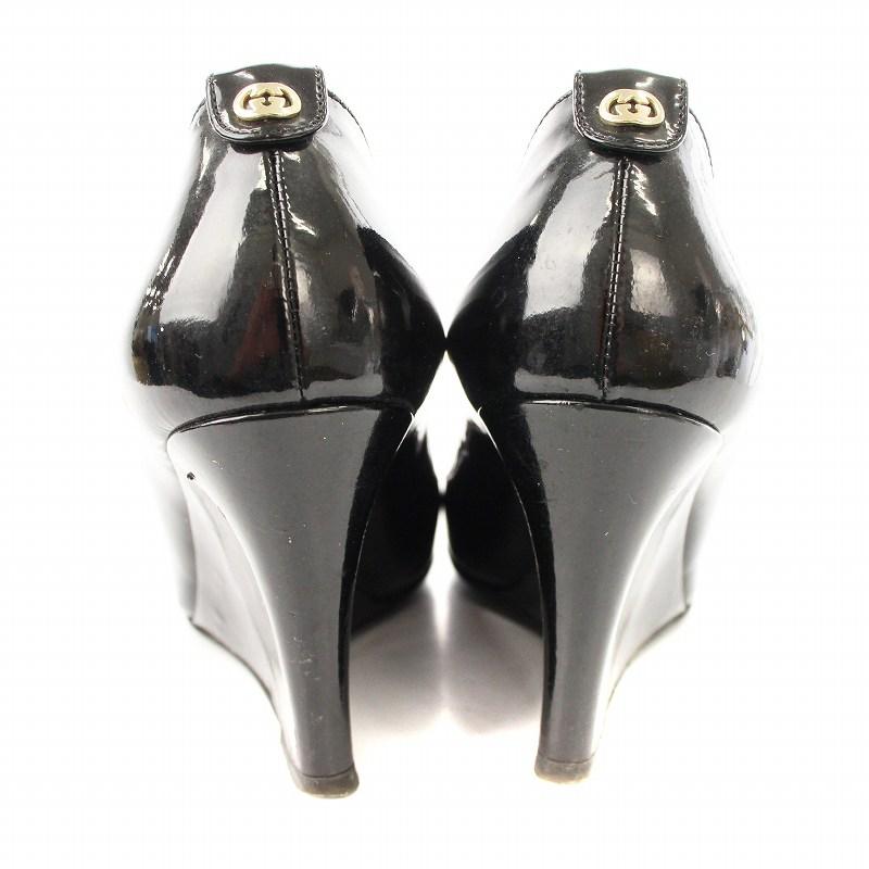 新品 GUCCI エナメルパンプス 黒 36 GUCCI グッチ パンプス エナメル ロゴ ウェッジソール 36 黒
