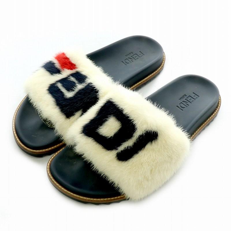 FENDI FILA レザー サンダル ミンクファー 毛皮 ロゴ 白 黒 茶 FENDI（フェンディ） フィラ FILA Leather sandals レザー サンダル