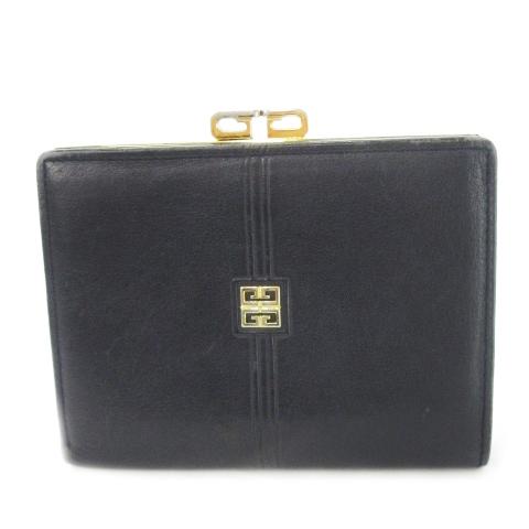 【良品】GIVENCHY 二つ折り財布 がま口 ブラック ジバンシー GIVENCY 二つ折り財布 がま口 レザー ロゴ ブラック