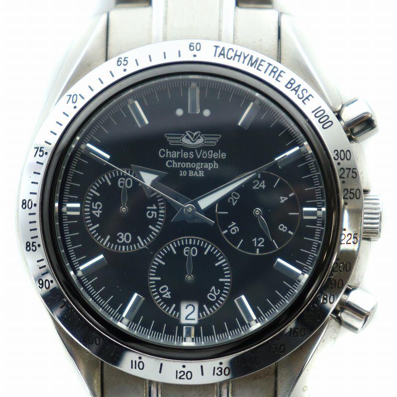 【美品】Charles Vogele シャルルホーゲル メンズ 腕時計 時計 ブラック文字盤 アナログ アナログ時計 CV7995 Charles Vogele（シャルルホーゲル） ベゼル訳あり スペアバンド付 CV