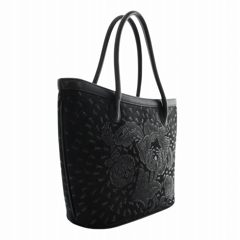 ★未使用品★ 印傳屋 インデンヤ 鹿革 ハンドバッグ 花草模様 総柄 ブラック 印傳屋 INDEN‐YA INDENYA ハンドバッグ トート 鹿革 レザー 総柄