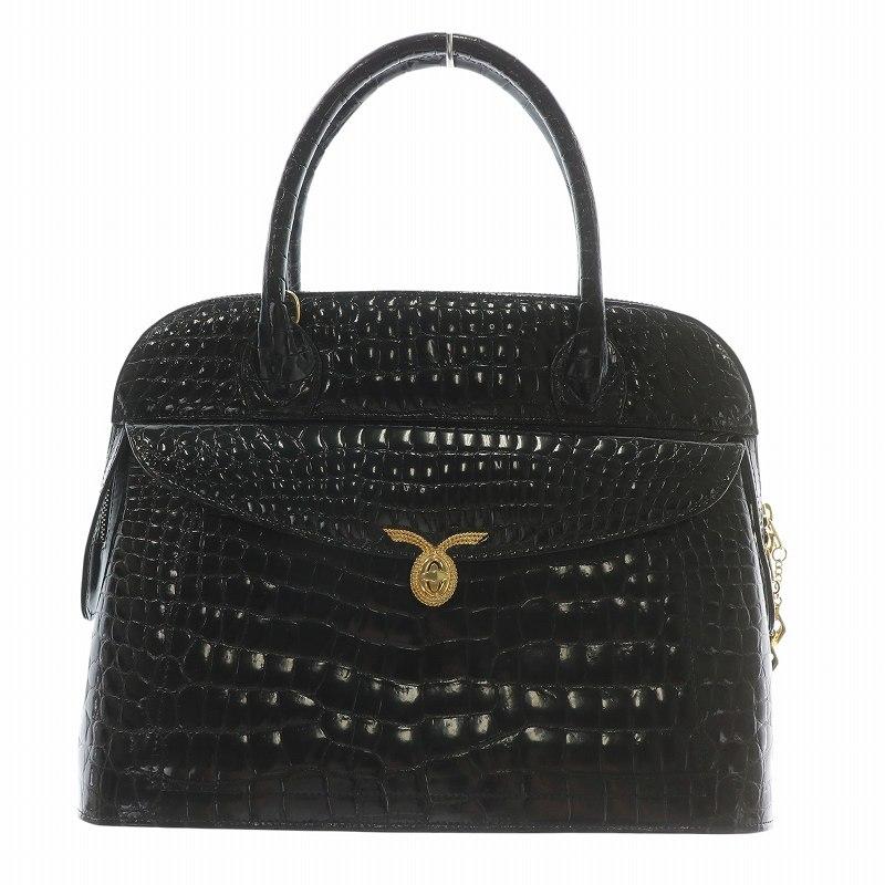 【中古】ノーブランド 2WAY ショルダーバッグ ハンドバッグ シャイニークロコ クロコダイル レザー ゴールド金具 黒 ノーブランド 2WAY ショルダーバッグ ハンドバッグ シャイニークロコ