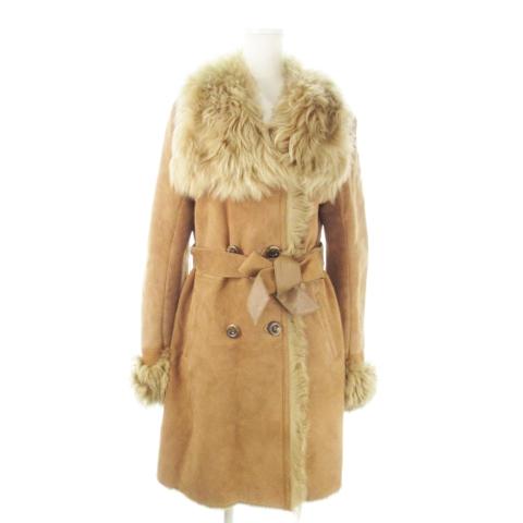 【中古】アダージェット adagietto ムートンコート ロング ビッグカラー 羊革 ファー ベルト 毛皮 M〜L 茶 アダージェット adagietto ムートンコート ロング ビッグカラー 羊革