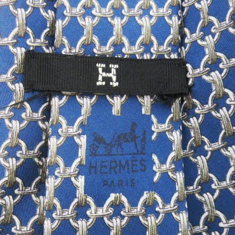 HERMES（エルメス） ネクタイ ワイド シルク 絹 チェーン柄 総柄 青