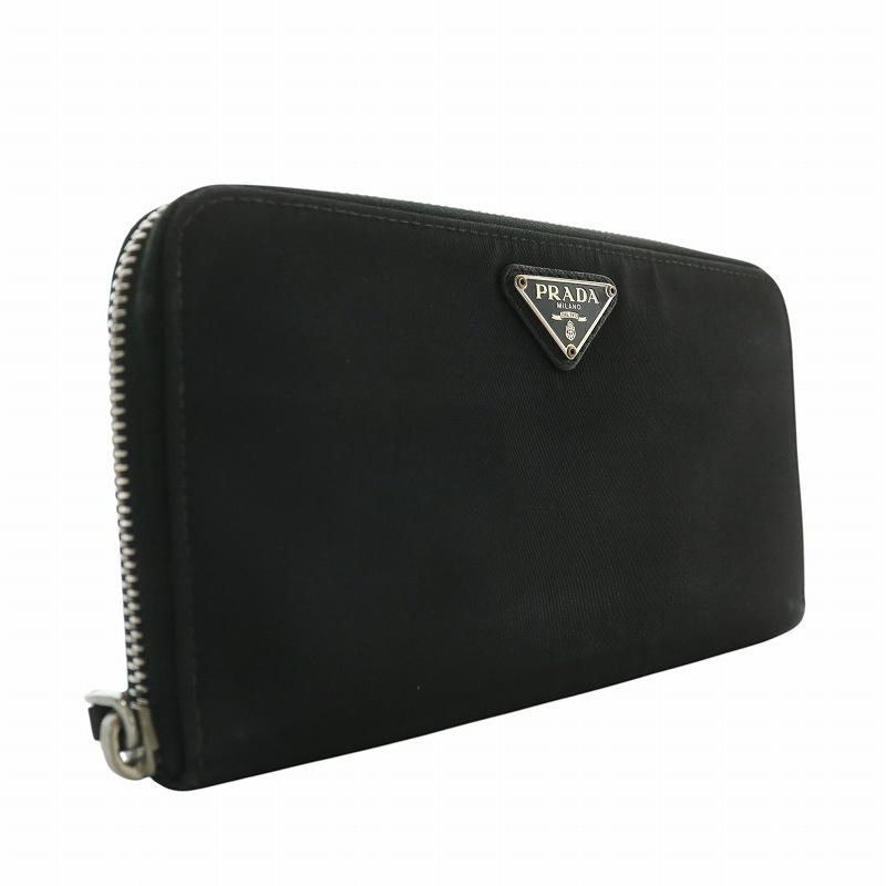 美品PRADA ラウンドジップ 財布 二つ折り三角ロゴ ブラック ナイロン正規品 PRADA プラダ ラウンドファスナー 財布 三角ロゴ ブラック系 テスート