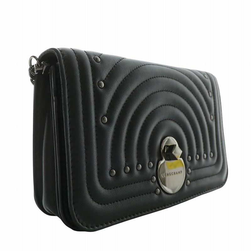 【中古】LONGCHAMP キャヴァルケイド ショルダーバッグ レザー キルティング チェーン ターンロック ロゴ 黒 LONGCHAMP（ロンシャン） キャヴァルケイド ショルダーバッグ レザー