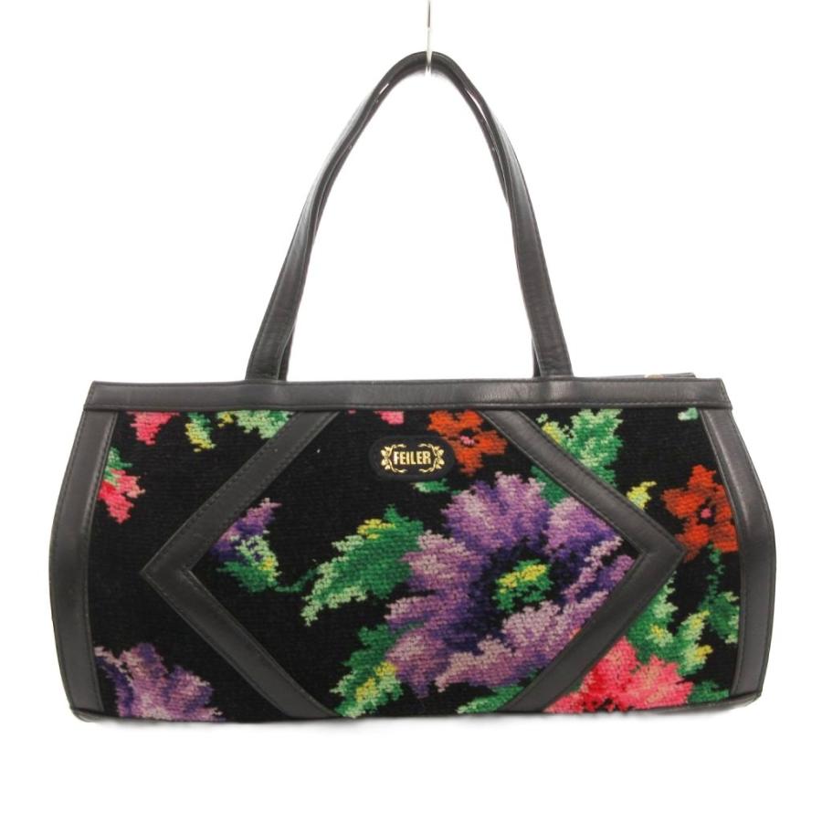 極美品】FEILER(フェイラー) ハンドバッグ - 黒×花柄 ハンドバック 極 