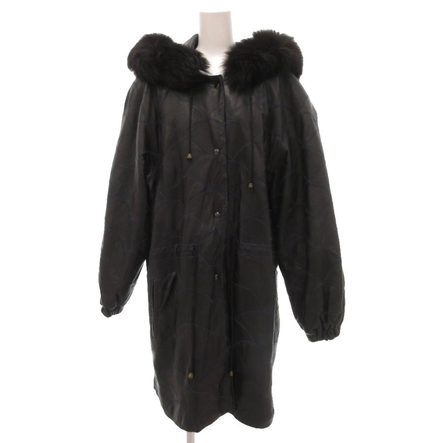 m&j レザーコート ラムレザー フォックスファー ステッチ M 黒