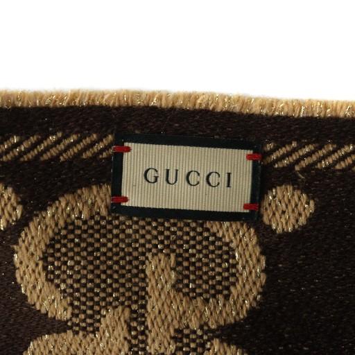 【中古】グッチ GUCCI ジャガード マフラー ストール ロゴ GG柄 総柄 ラメ 茶 ブラウン 598993 ■GY18 /MQ GUCCI（グッチ） ジャガード マフラー ストール ロゴ GG柄 総柄 ラメ