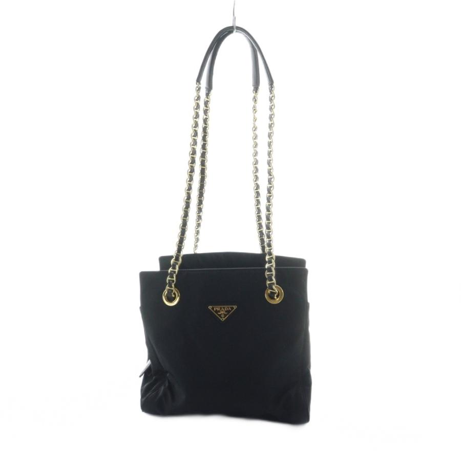 PRADA トートバッグ 肩掛け チェーン 三角ロゴ 黒 ナイロン カード付き