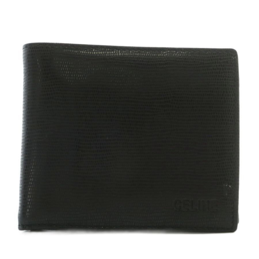 CELINE セリーヌ 財布 二つ折り レザー リザード型押し ロゴ 黒