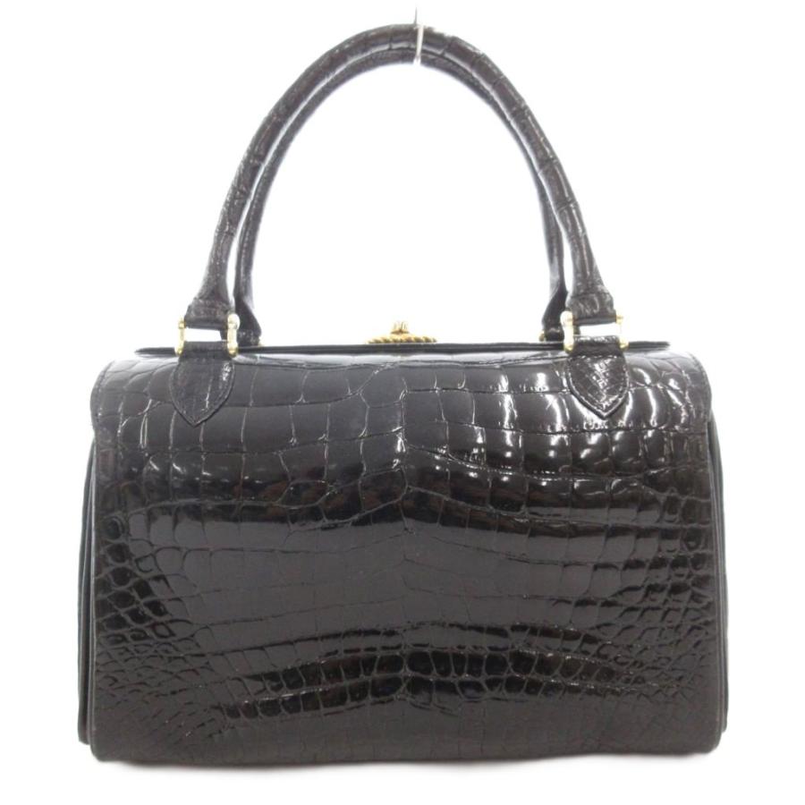【中古】ノーブランド ハンドバッグ シャイニー クロコダイル レザー ワニ革 黒 ブラック /GV ■GY18 レディース ノーブランド ハンドバッグ シャイニー クロコダイル レザー ワニ革 黒