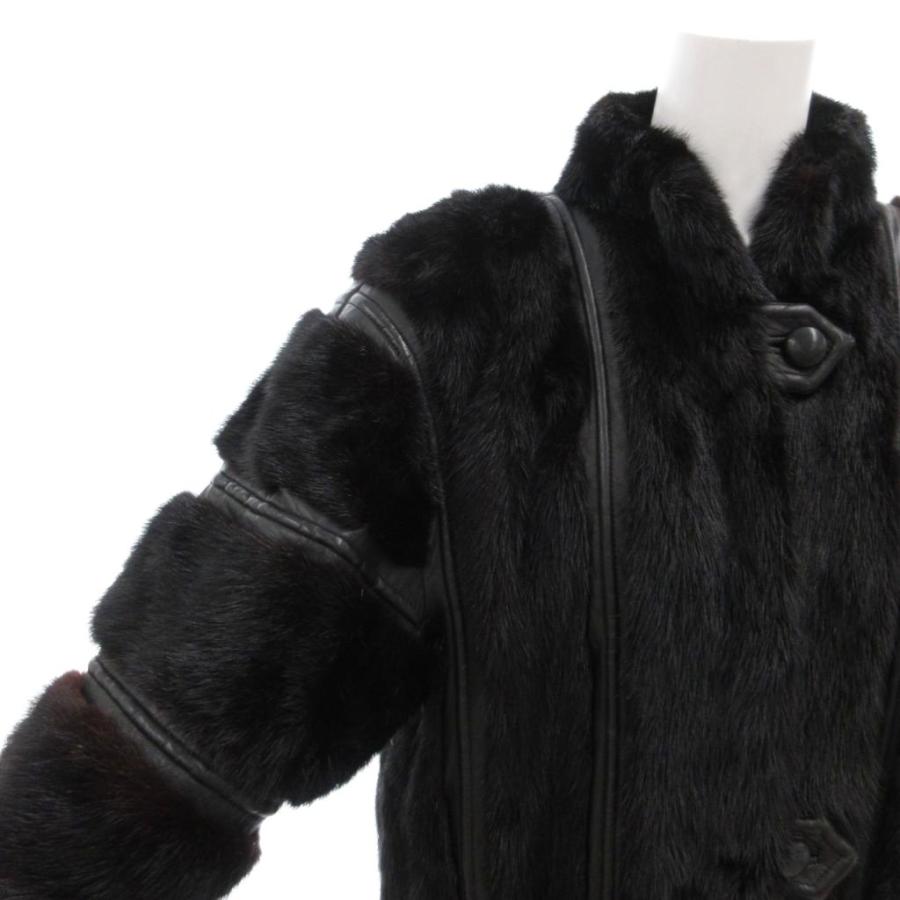 ノーブランド ミンクファー コート レザー 切替 ミドル丈 黒 ブラック