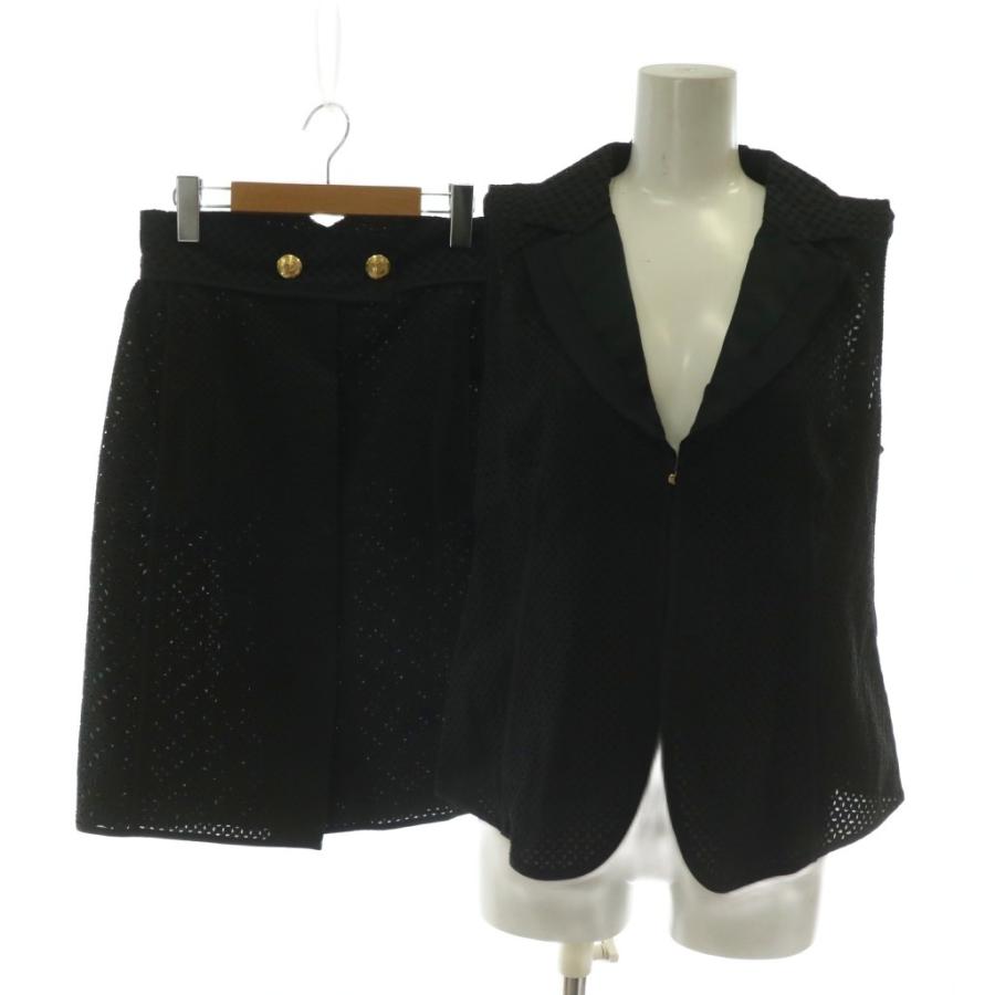 【中古】LOUIS VUITTON セットアップ 上下 ベスト シルク 肩パッド タイトスカート ひざ丈 メッシュ 金ボタン 38 M 黒 LOUIS VUITTON（ルイ・ヴィトン） セットアップ 上下 ベスト 絹 シルク
