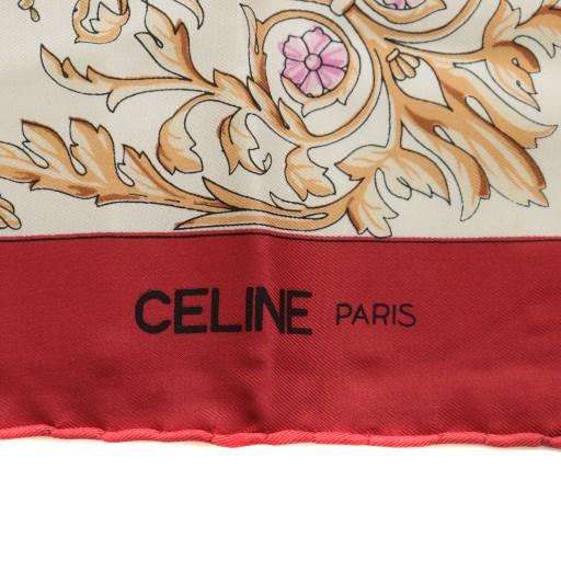 CELINE シルク　大判スカーフ　アイボリー　タッセル柄　極美品 CELINE（セリーヌ） スカーフ 絹 シルク 大判 馬 タッセル ロゴ 総柄