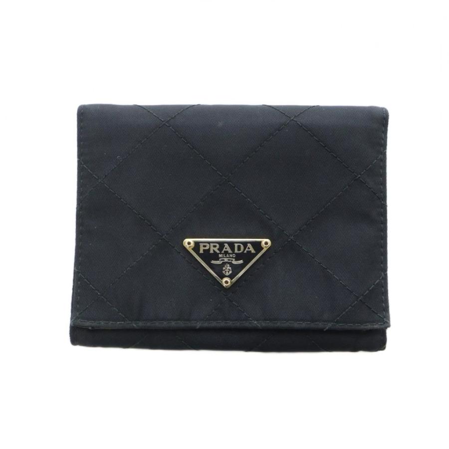 【中古】プラダ PRADA 二つ折り財布 ウォレット キルティング ナイロン レザー 三角プレートロゴ 黒 ブラック PRADA（プラダ） 二つ折り財布 ウォレット キルティング ナイロン